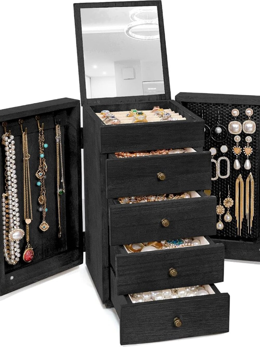 Jewelry Box Wood for Women, 5-Layer Large Organizer Box with Mirror & 4 Drawers